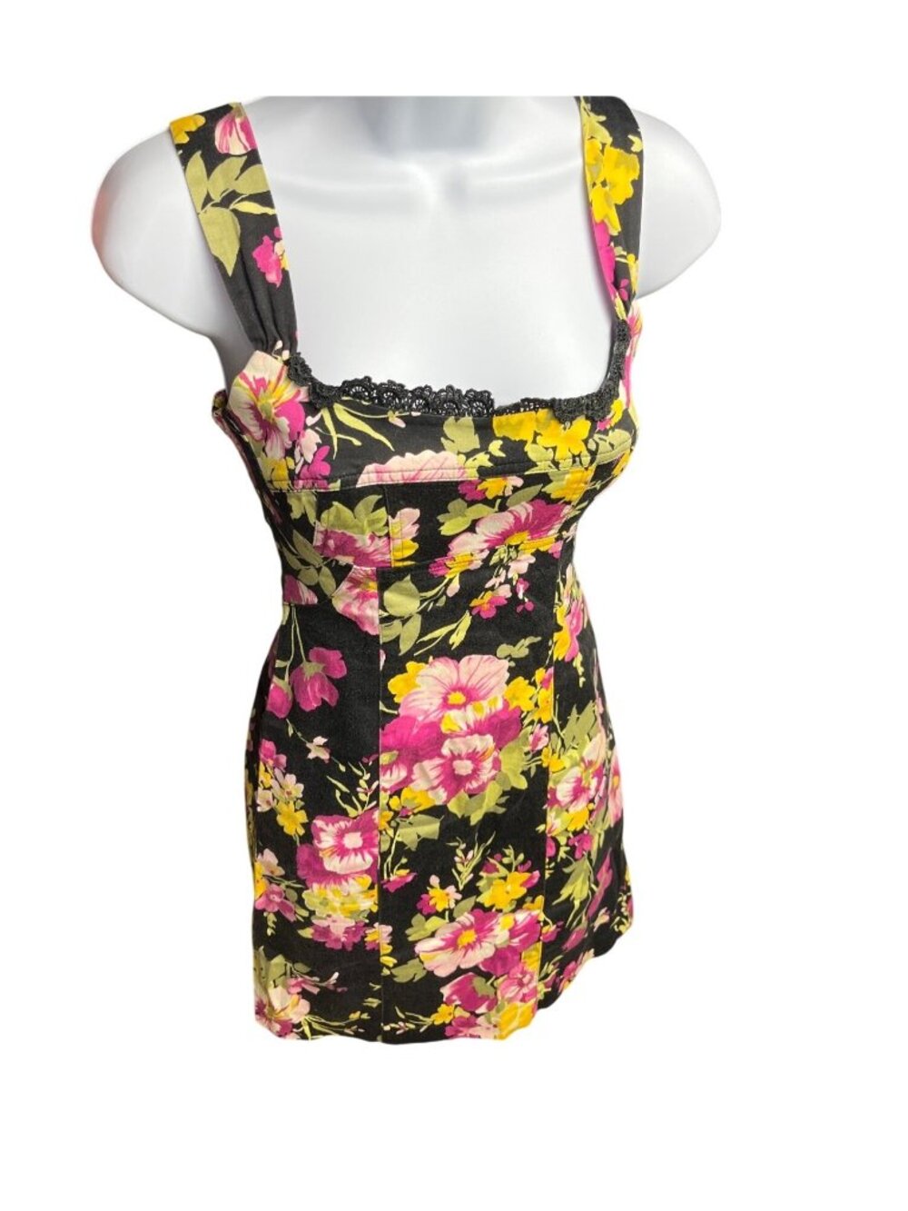 Floral Sleeveless Mini Dress W/Lace Accent Black Background Size 1/2 Cotton Blen